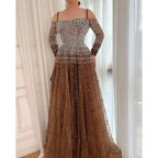 Vestidos de noche sexys de lujo color champán, elegantes, de manga larga y con cuentas, para mujer, para fiesta, LA70292 