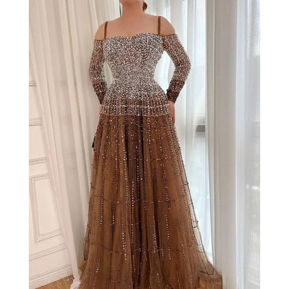 Vestidos de noche sexys de lujo color champán, elegantes, de manga larga y con cuentas, para mujer, para fiesta, LA70292 