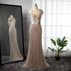 Vestido de noche elegante con mangas estilo capa y corte sirena color champán, 2025, de lujo, con cuentas, para mujer, fiesta, LA71675 