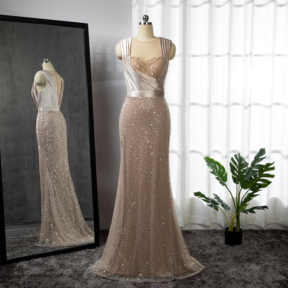 Vestido de noche elegante con mangas estilo capa y corte sirena color champán, 2025, de lujo, con cuentas, para mujer, fiesta, LA71675 