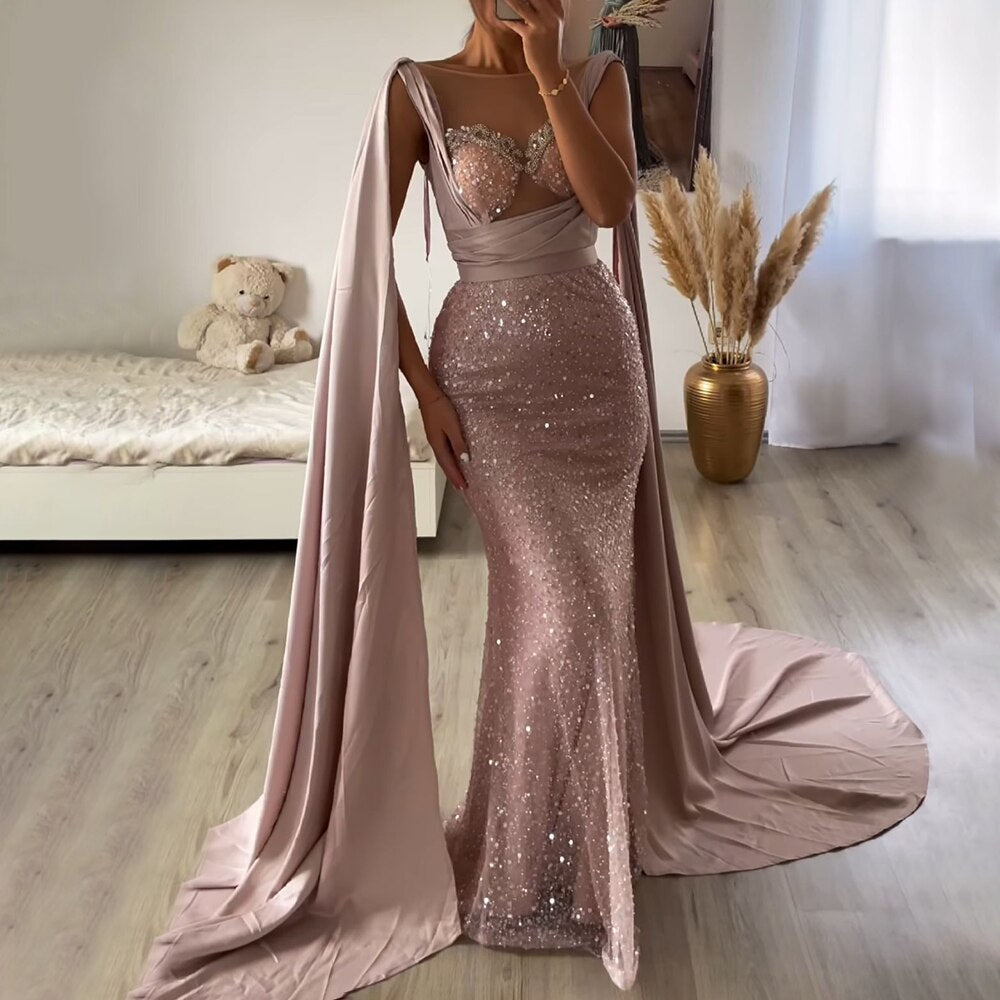 Vestido de noche elegante con mangas estilo capa y corte sirena color champán, 2025, de lujo, con cuentas, para mujer, fiesta, LA71675 