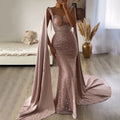 Vestido de noche elegante con mangas estilo capa y corte sirena color champán, 2025, de lujo, con cuentas, para mujer, fiesta, LA71675 