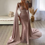 Vestido de noche elegante con mangas estilo capa y corte sirena color champán, 2025, de lujo, con cuentas, para mujer, fiesta, LA71675 