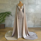 Vestido de noche elegante con mangas estilo capa y corte sirena color champán, 2025, de lujo, con cuentas, para mujer, fiesta, LA71675 