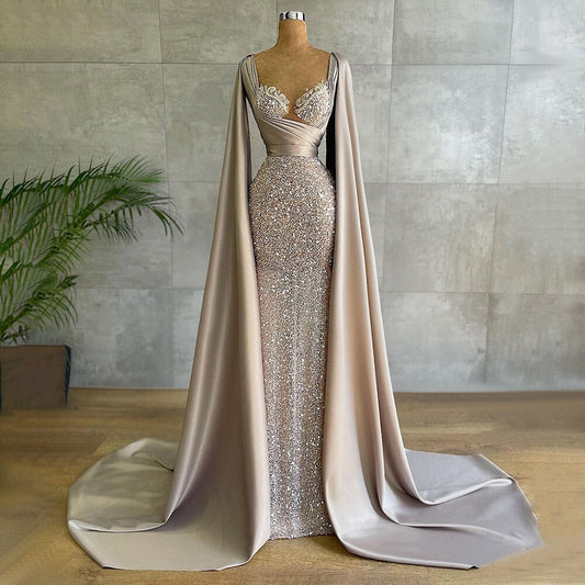 Vestido de noche elegante con mangas estilo capa y corte sirena color champán, 2025, de lujo, con cuentas, para mujer, fiesta, LA71675 