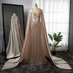 Vestido de noche elegante con mangas estilo capa y corte sirena color champán, 2025, de lujo, con cuentas, para mujer, fiesta, LA71675 