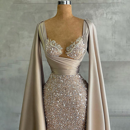Vestido de noche elegante con mangas estilo capa y corte sirena color champán, 2025, de lujo, con cuentas, para mujer, fiesta, LA71675 