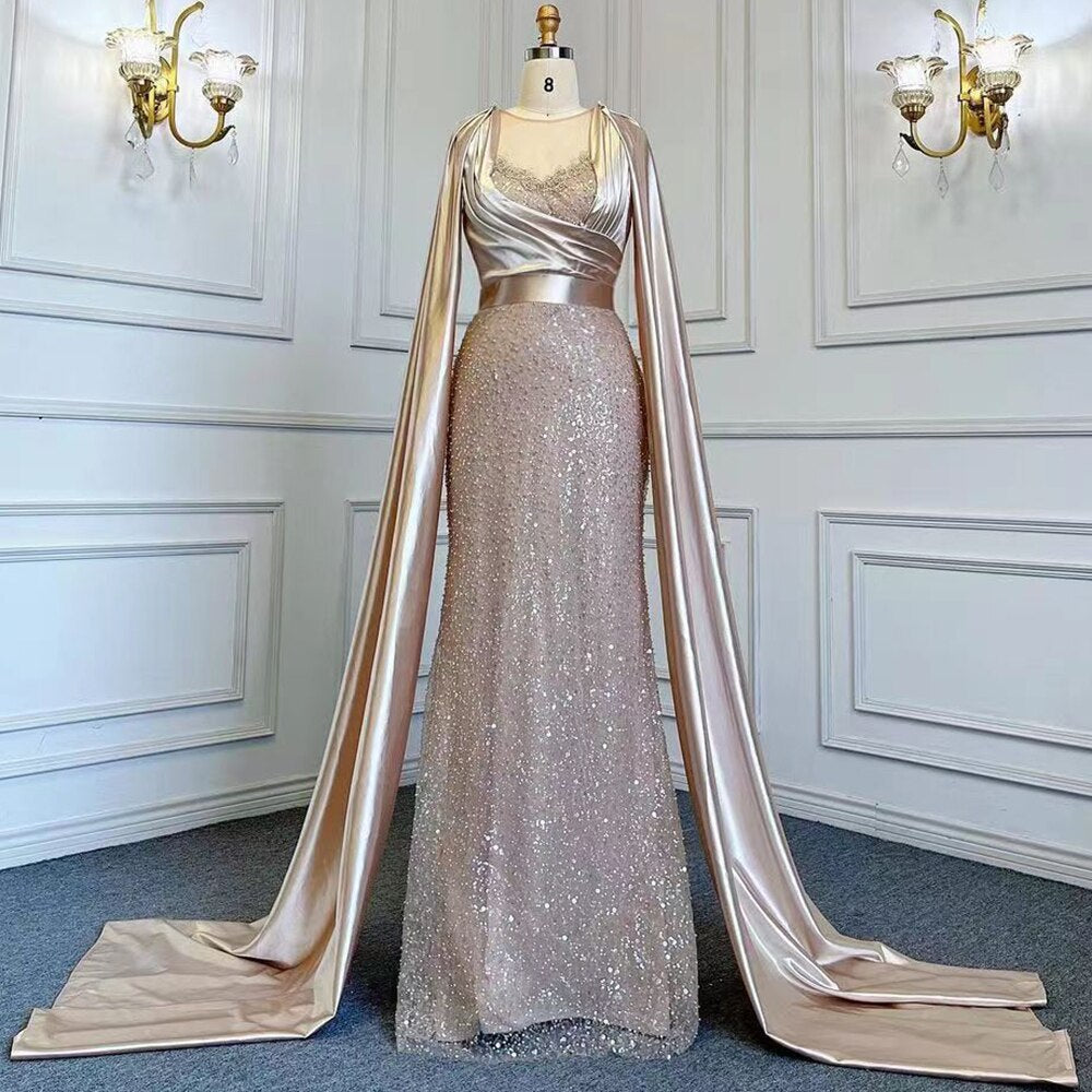 Vestido de noche elegante con mangas estilo capa y corte sirena color champán, 2025, de lujo, con cuentas, para mujer, fiesta, LA71675 