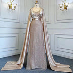 Vestido de noche elegante con mangas estilo capa y corte sirena color champán, 2025, de lujo, con cuentas, para mujer, fiesta, LA71675 