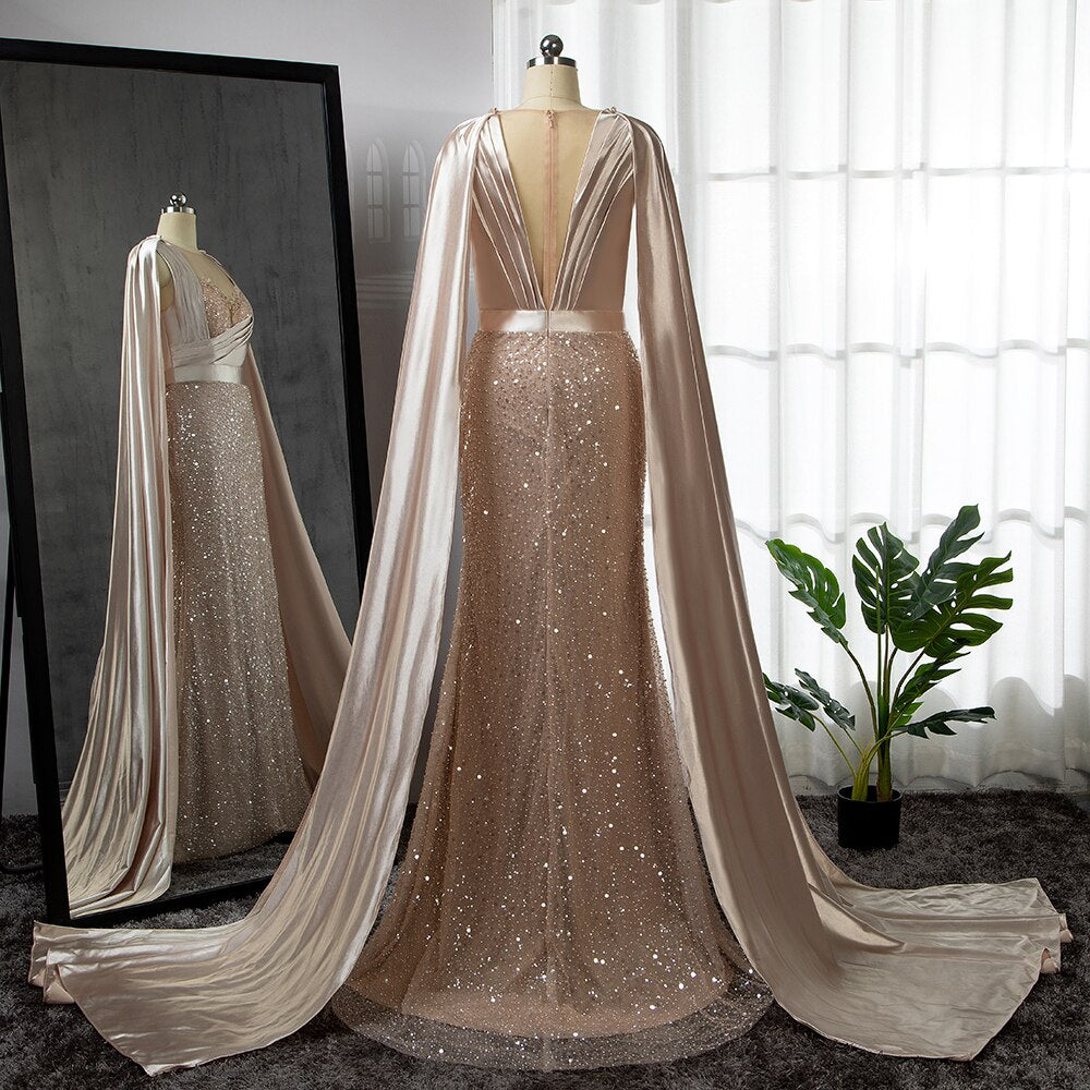 Vestido de noche elegante con mangas estilo capa y corte sirena color champán, 2025, de lujo, con cuentas, para mujer, fiesta, LA71675 