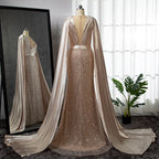 Vestido de noche elegante con mangas estilo capa y corte sirena color champán, 2025, de lujo, con cuentas, para mujer, fiesta, LA71675 