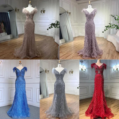 Vestido de noche elegante de sirena color champán con plumas de diamante, sin mangas, formal, de lujo, con cuentas 2025 LA70350 