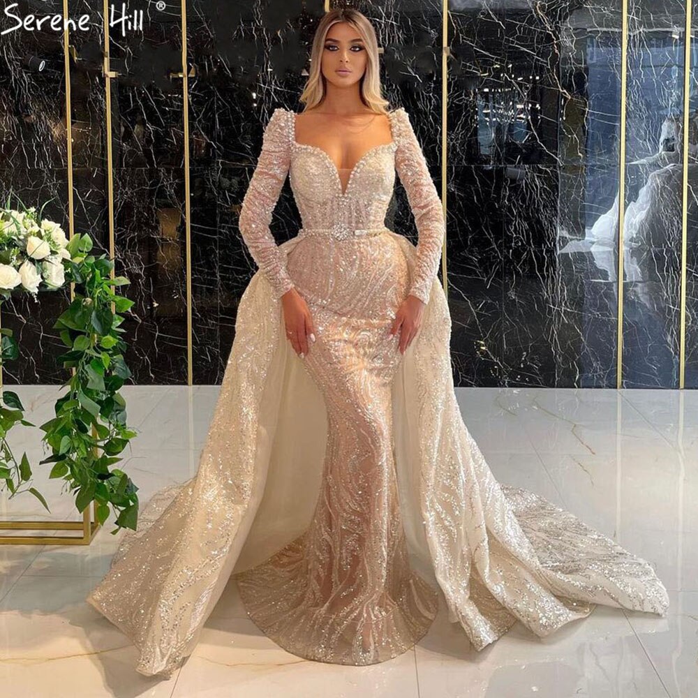 Vestidos de noche de lujo con corte sirena color champán, elegantes vestidos de fiesta 2025 con sobrefalda LA71404 