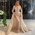 Vestidos de noche de lujo con corte sirena color champán, elegantes vestidos de fiesta 2025 con sobrefalda LA71404 