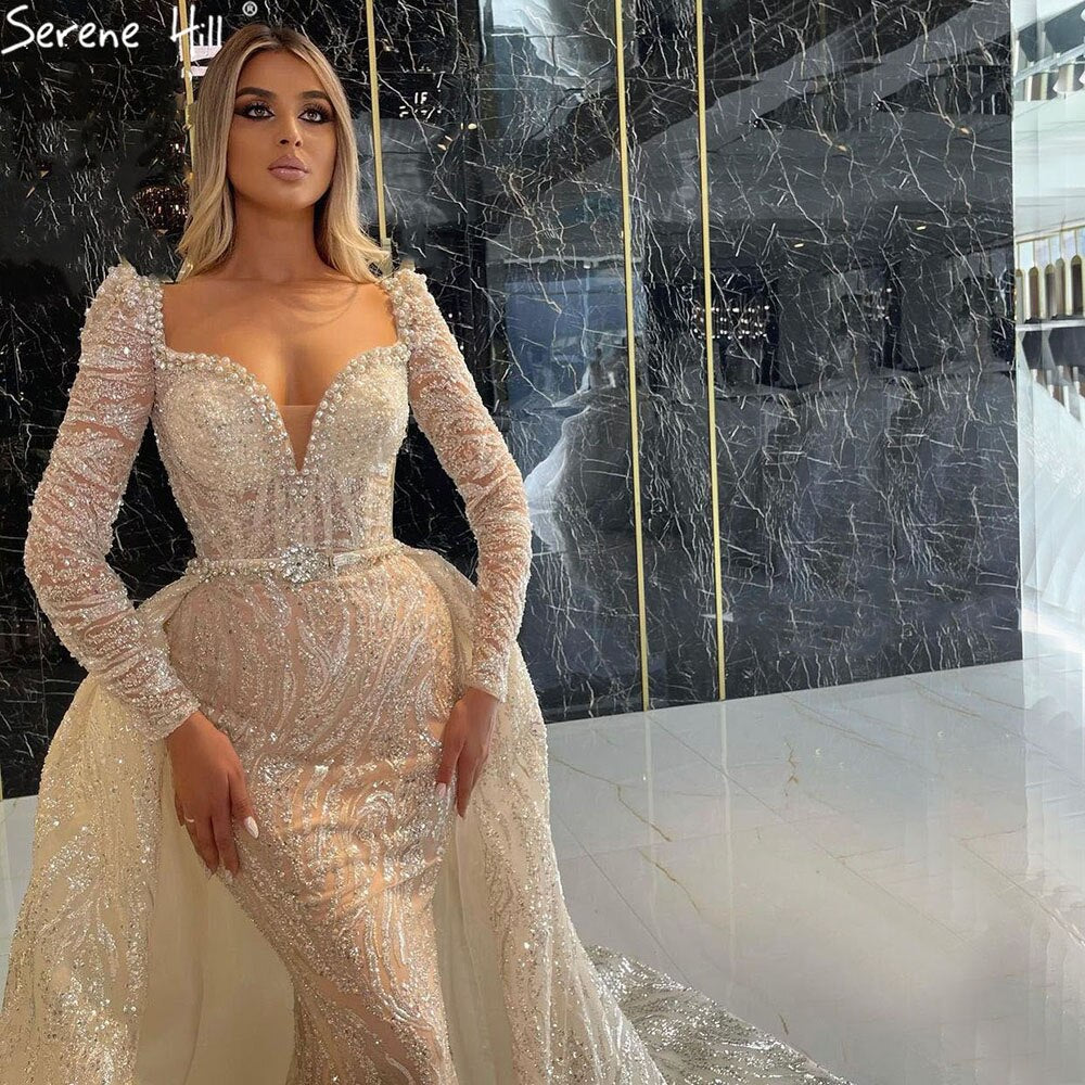 Vestidos de noche de lujo con corte sirena color champán, elegantes vestidos de fiesta 2025 con sobrefalda LA71404 