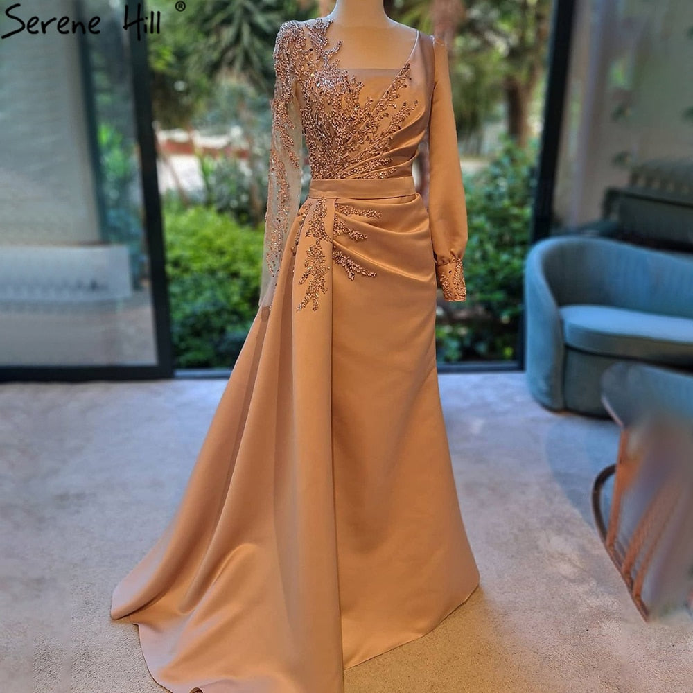 Vestido de noche elegante de satén con cuentas y sobrefalda de sirena color champán 2025 para mujer, fiesta LA71430 