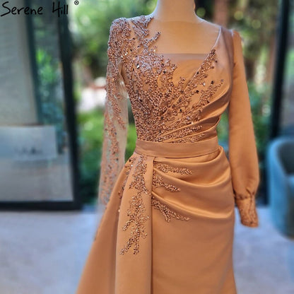 Vestido de noche elegante de satén con cuentas y sobrefalda de sirena color champán 2025 para mujer, fiesta LA71430 
