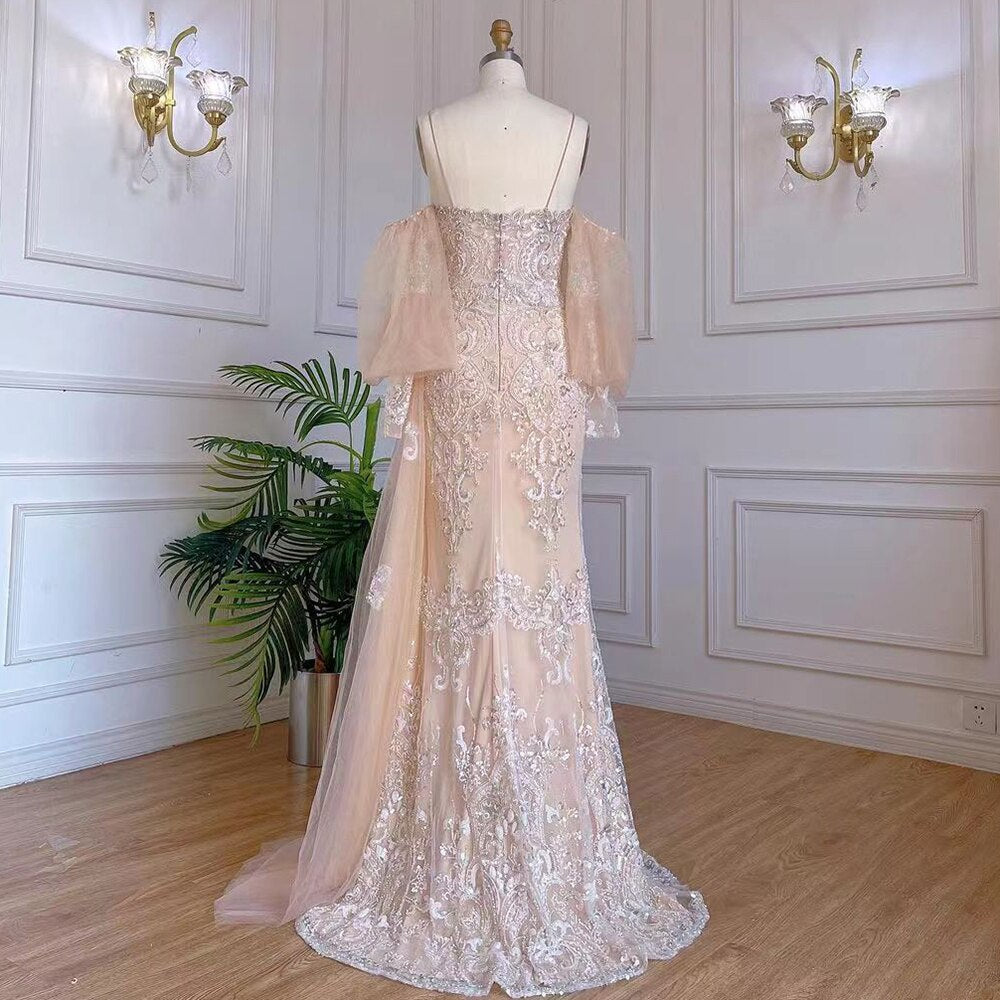 Champagne Mermaid Sexy Spaghetti Straps High Split Overskirt Evening Dresses Gowns Luxury Beaded 2025 LA71727