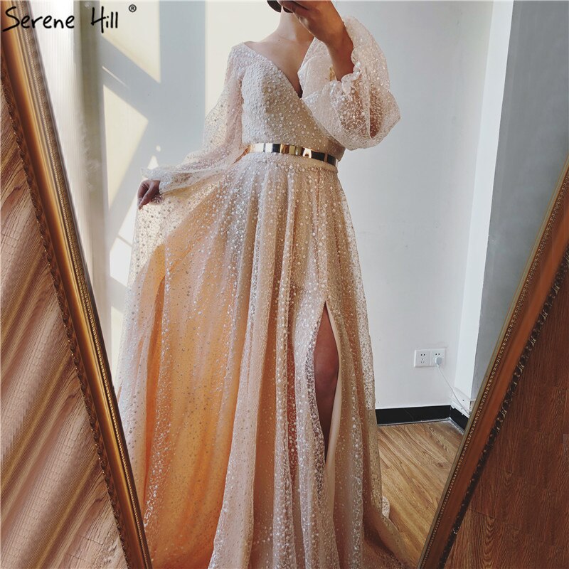 Vestido de noche de playa con escote en V y mangas farol color champán, corte A, de encaje, LA70194 