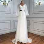 Champagne V-Neck  Latern Sleeve  Beach High Split  Evening Dresses Gowns  2025 A-Line  Lace  Formal Dress LA70194