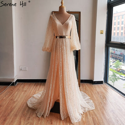 Vestido de noche de playa con escote en V y mangas farol color champán, corte A, de encaje, LA70194 