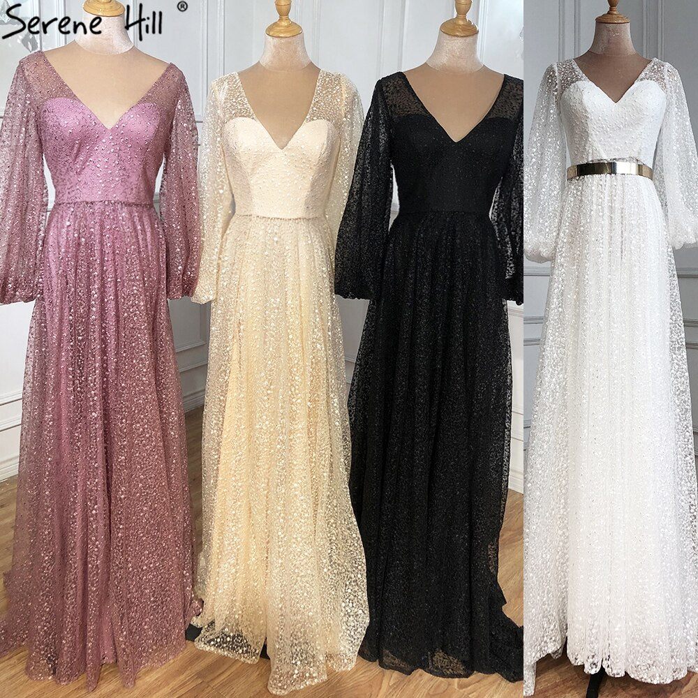 Champagne V-Neck  Latern Sleeve  Beach High Split  Evening Dresses Gowns  2025 A-Line  Lace  Formal Dress LA70194