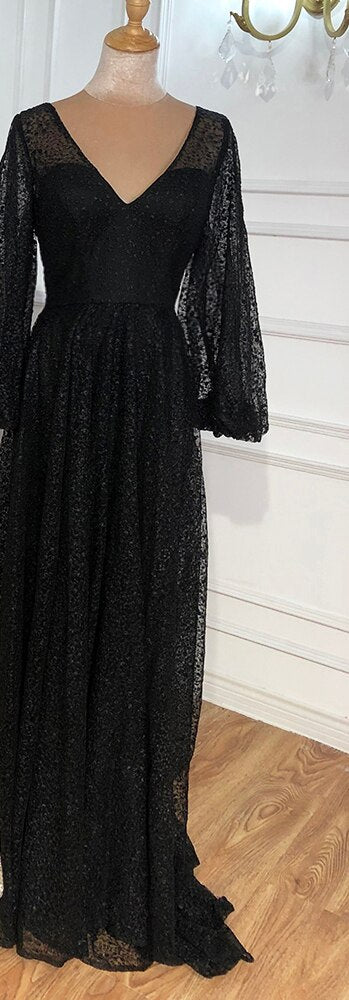 Vestido de noche de playa con escote en V y mangas farol color champán, corte A, de encaje, LA70194 