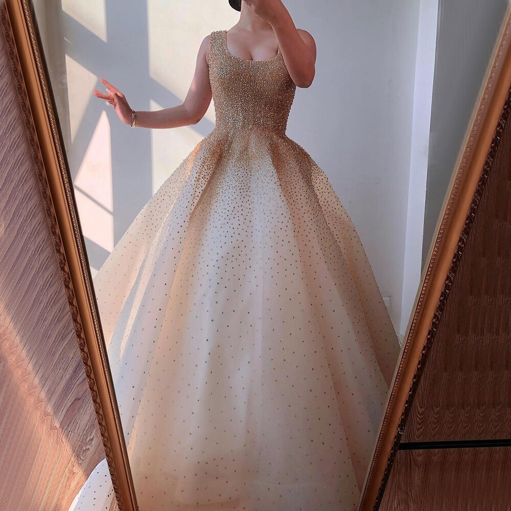 Champange A-Line Crystal Beaded Sexy Lace Up Luxury Dubai Evening Dresses Gowns For Women Wedding Party LA70232