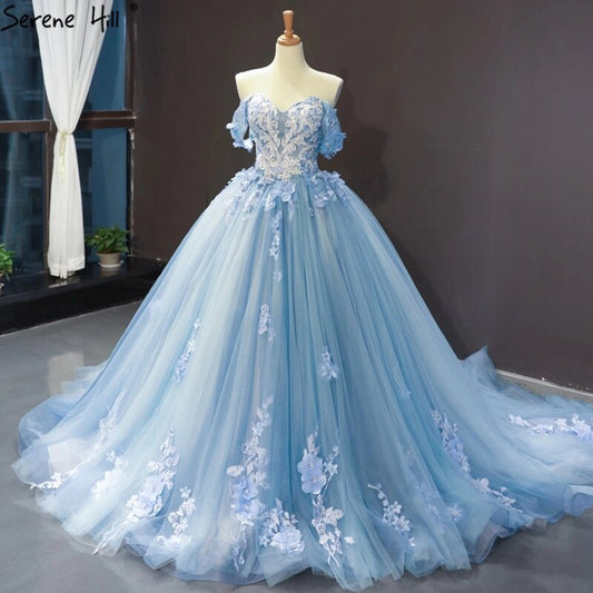 Vestido de noche azul agua clara 2025, sin mangas, hecho a mano, con flores y diamantes, vestido formal HM66706 