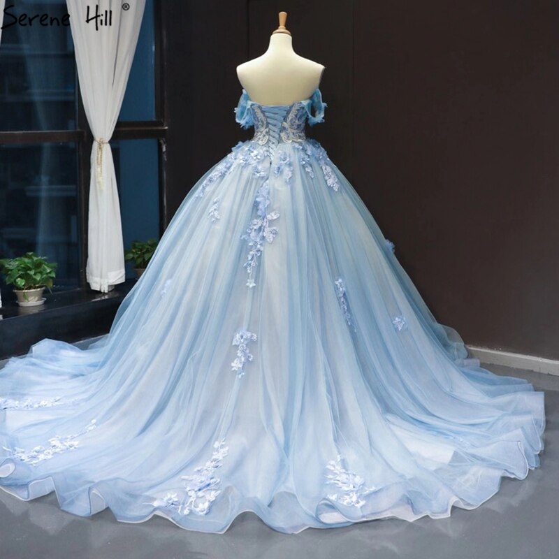 Vestido de noche azul agua clara 2025, sin mangas, hecho a mano, con flores y diamantes, vestido formal HM66706 