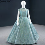 Vestidos de niña de las flores con mangas cortas en azul agua brillante para fiesta y boda 2025 HTA0051 