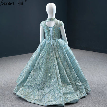 Vestidos de niña de las flores con mangas cortas en azul agua brillante para fiesta y boda 2025 HTA0051 