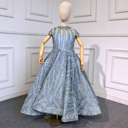 Vestidos de niña de las flores con mangas cortas en azul agua brillante para fiesta y boda 2025 HTA0051 