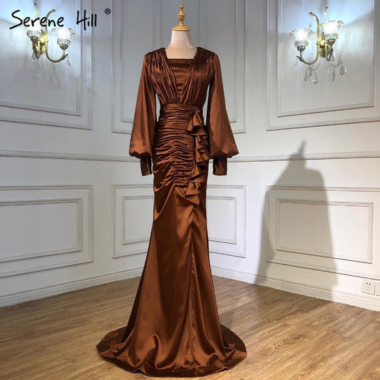 Vestidos de noche plisados ​​de satén color café, estilo sirena, elegantes, con mangas farol, para mujer, fiesta, LA71274 