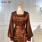 Vestidos de noche plisados ​​de satén color café, estilo sirena, elegantes, con mangas farol, para mujer, fiesta, LA71274 