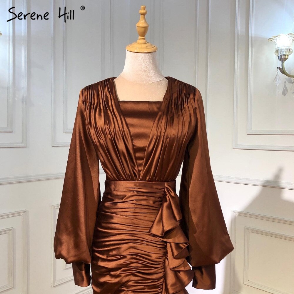 Vestidos de noche plisados ​​de satén color café, estilo sirena, elegantes, con mangas farol, para mujer, fiesta, LA71274 