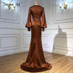 Vestidos de noche plisados ​​de satén color café, estilo sirena, elegantes, con mangas farol, para mujer, fiesta, LA71274 