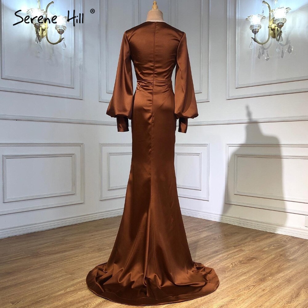 Vestidos de noche plisados ​​de satén color café, estilo sirena, elegantes, con mangas farol, para mujer, fiesta, LA71274 
