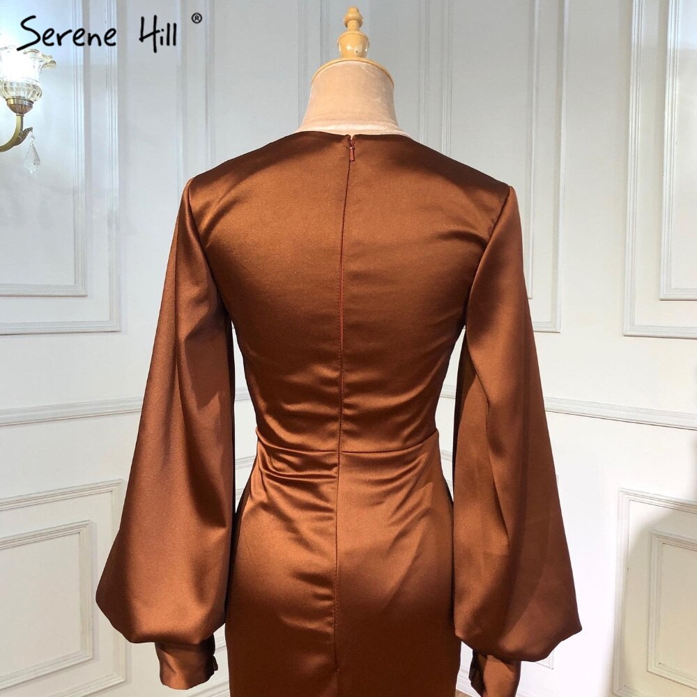Vestidos de noche plisados ​​de satén color café, estilo sirena, elegantes, con mangas farol, para mujer, fiesta, LA71274 