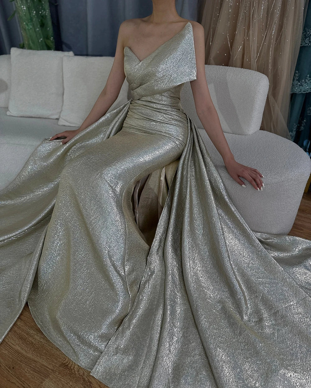 Vestido de noche estilo sirena dorado de Dubái con sobrefalda LA70626A