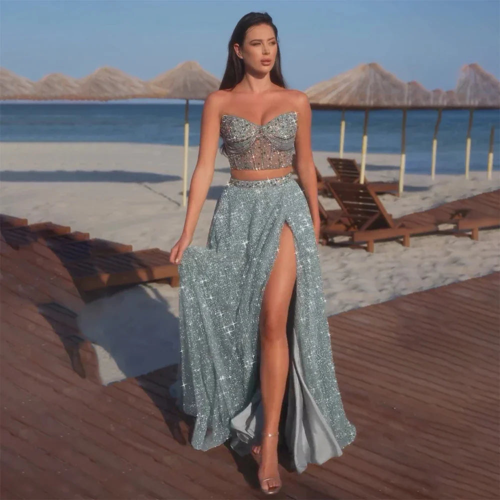 Vestido de noche turquesa saudí de dos piezas, sin tirantes y con abertura alta, para ocasiones formales (2025, LA72786) 