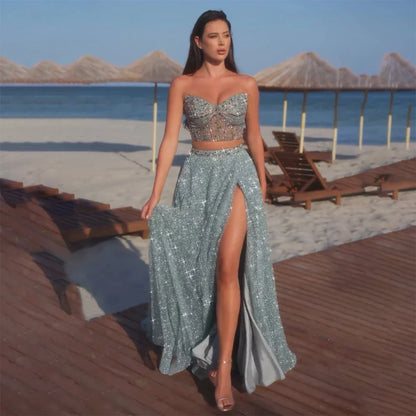 Vestido de noche turquesa saudí de dos piezas, sin tirantes y con abertura alta, para ocasiones formales (2025, LA72786) 