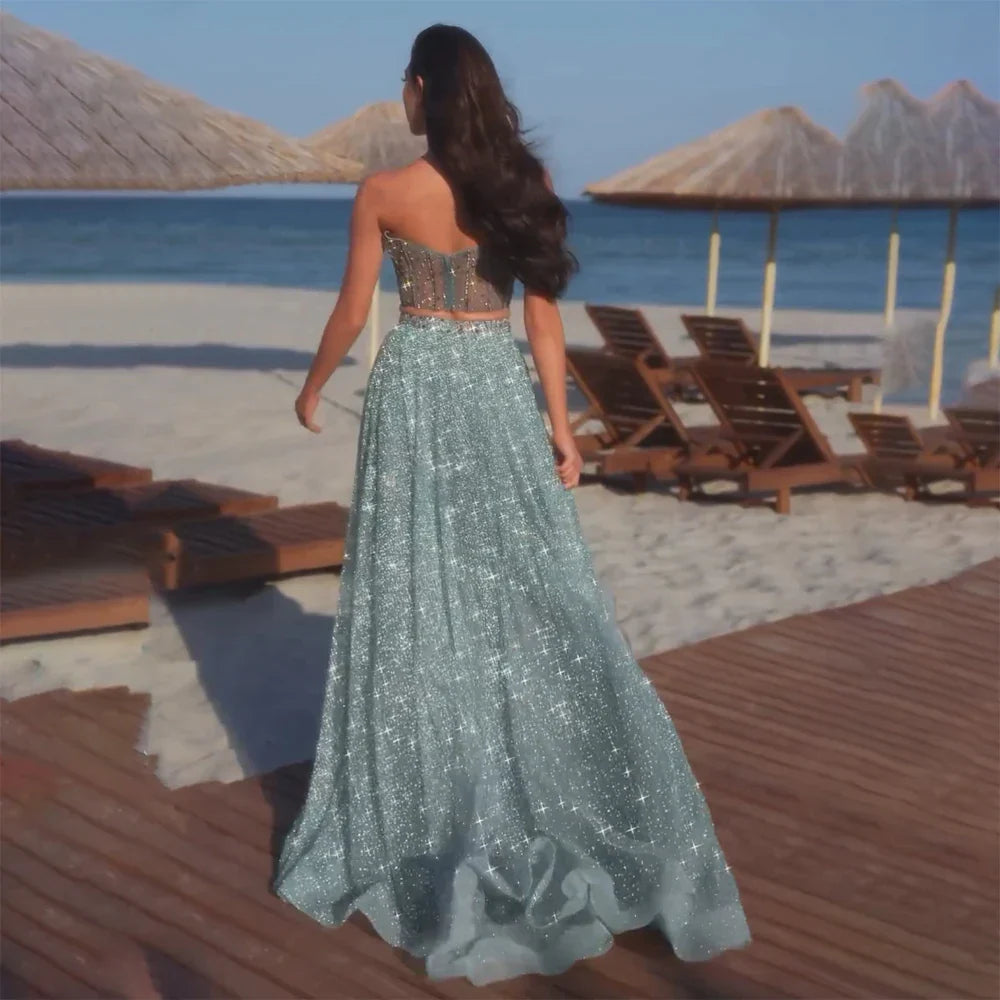 Vestido de noche turquesa saudí de dos piezas, sin tirantes y con abertura alta, para ocasiones formales (2025, LA72786) 