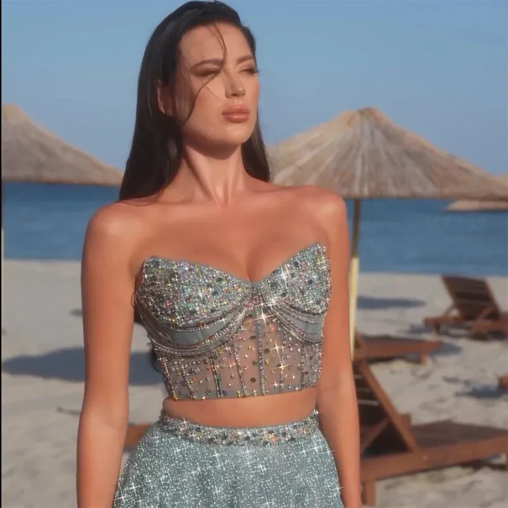 Vestido de noche turquesa saudí de dos piezas, sin tirantes y con abertura alta, para ocasiones formales (2025, LA72786) 