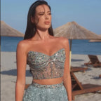 Vestido de noche turquesa saudí de dos piezas, sin tirantes y con abertura alta, para ocasiones formales (2025, LA72786) 