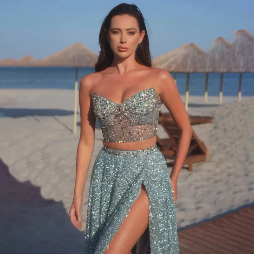 Vestido de noche turquesa saudí de dos piezas, sin tirantes y con abertura alta, para ocasiones formales (2025, LA72786) 