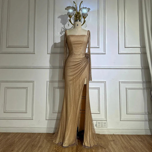 Vestido de noche árabe saudí, elegante, color piel, con abertura alta y cuentas, estilo sirena, para ocasiones formales, LA72801A, 2025 