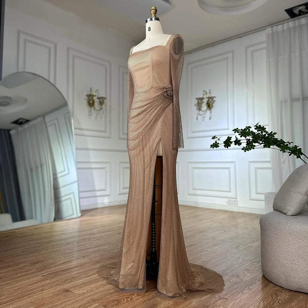 Vestido de noche árabe saudí, elegante, color piel, con abertura alta y cuentas, estilo sirena, para ocasiones formales, LA72801A, 2025 