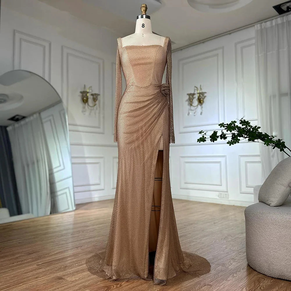 Vestido de noche árabe saudí, elegante, color piel, con abertura alta y cuentas, estilo sirena, para ocasiones formales, LA72801A, 2025 