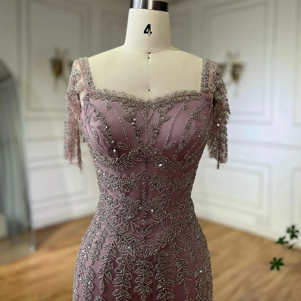 Vestido de noche elegante de sirena rosa con cuentas LA72787
